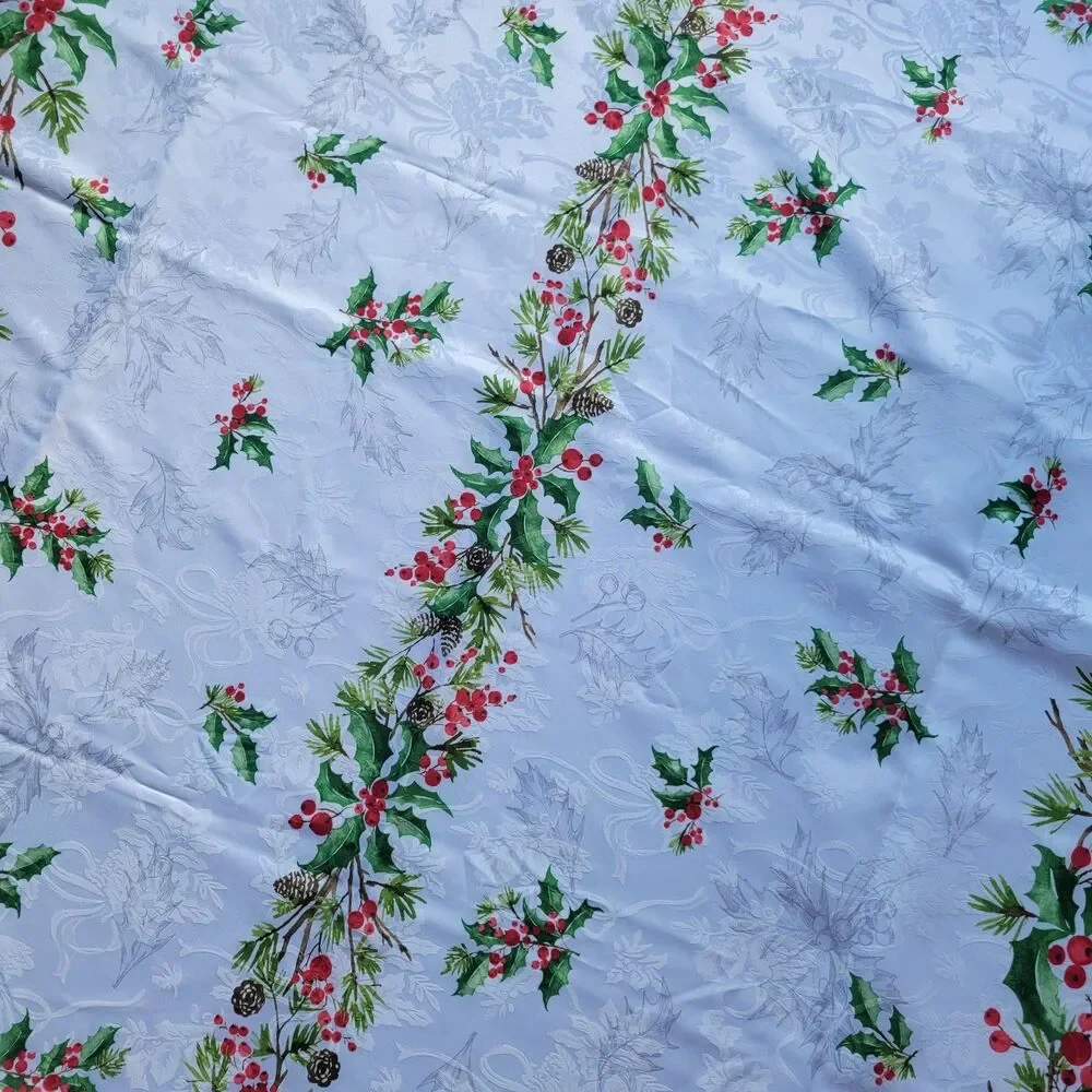 Vintage Christmas Tablecloth Holly Berry Red Border Stripe Print White Rectangle